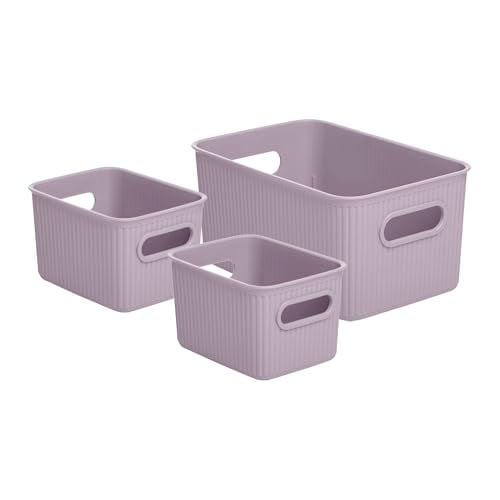 Decorative Plastic Open Home Storage Bins Organizer Baskets, Lilac (Set of 3) 1 Medium, 2 Small - Container Boxes for Organizing Closet Shelves Drawer Shelf - Ribbed Collection