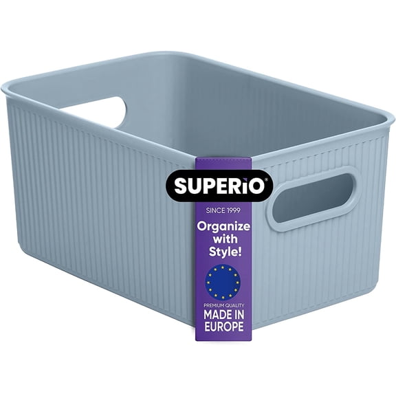 Decorative Plastic Open Home Storage Bins Organizer Baskets, Medium Blue (1 Pack) Container Boxes for Organizing Closet Shelves Drawer Shelf - Ribbed Collection 5 Liter
