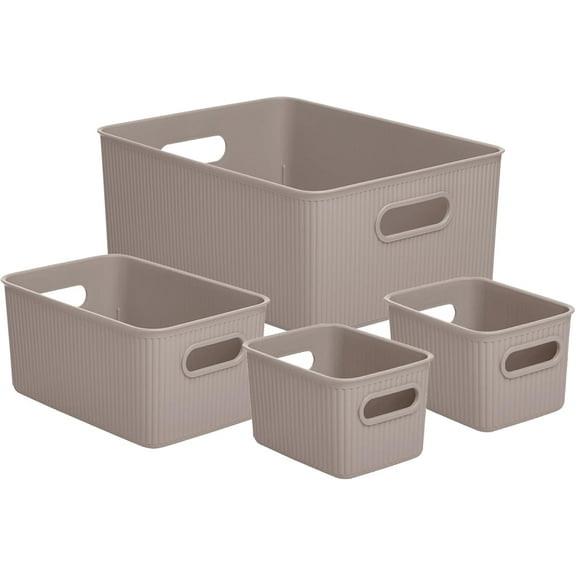 Decorative Plastic Open Home Storage Bins Organizer Baskets, Taupe (Set of 4) 1 Large, 1 Medium, 2 Small - Container Boxes for Organizing Closet Shelves Drawer Shelf - Ribbed Collection
