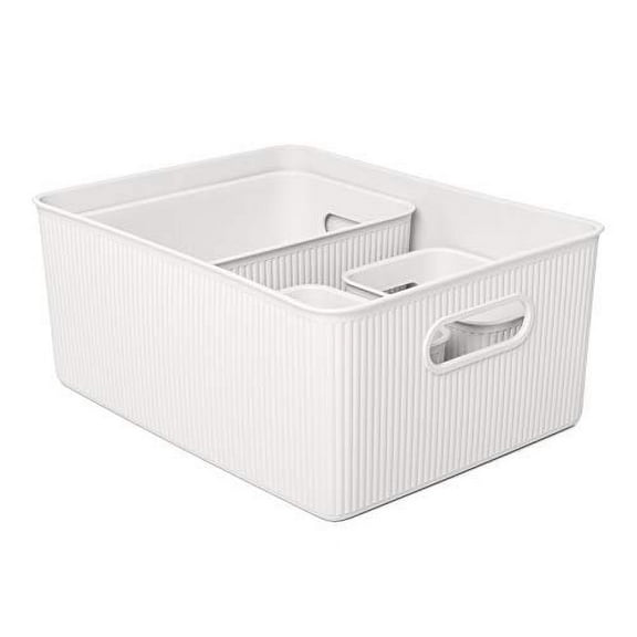 Decorative Plastic Open Home Storage Bins Organizer Baskets, White (Set of 4) 1 Large, 1 Medium, 2 Small - Container Boxes for Organizing Closet Shelves Drawer Shelf - Ribbed Collection