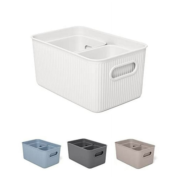 Decorative Plastic Open Home Storage Bins Organizer Baskets, White (Set of 4) 1 Large, 1 Medium, 2 Small - Container Boxes for Organizing Closet Shelves Drawer Shelf - Ribbed Collection