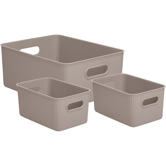 Decorative Plastic Open Home Storage Bins Organizer Baskets, White Smoke (Set of 4) 1 Large, 1 Medium, 2 Small - Container Boxes for Organizing Closet Shelves Drawer Shelf - Ribbed Collection