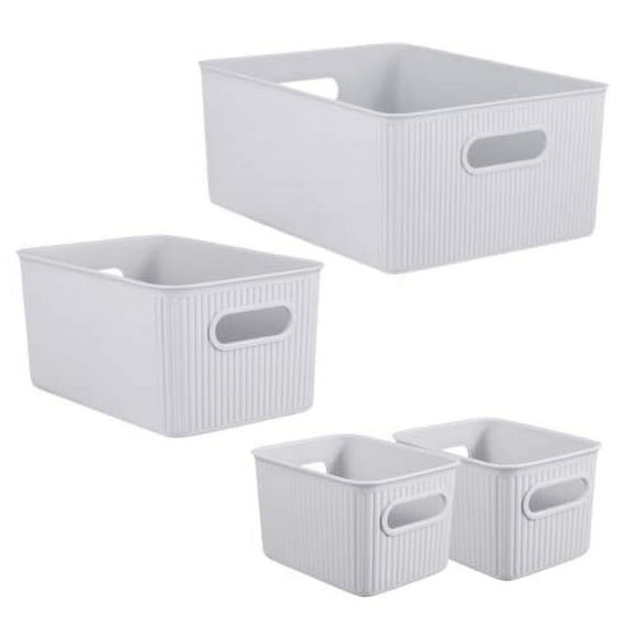 Decorative Plastic Open Home Storage Bins Organizer Baskets, White Smoke (Set of 4) 1 Large, 1 Medium, 2 Small - Container Boxes for Organizing Closet Shelves Drawer Shelf - Ribbed Collection