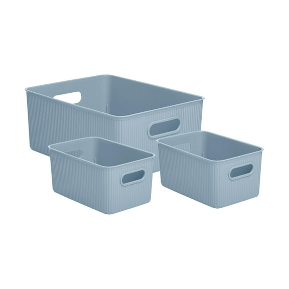 Decorative Plastic Open Home Storage Bins Organizer Baskets, White Smoke (Set of 4) 1 Large, 1 Medium, 2 Small - Container Boxes for Organizing Closet Shelves Drawer Shelf - Ribbed Collection
