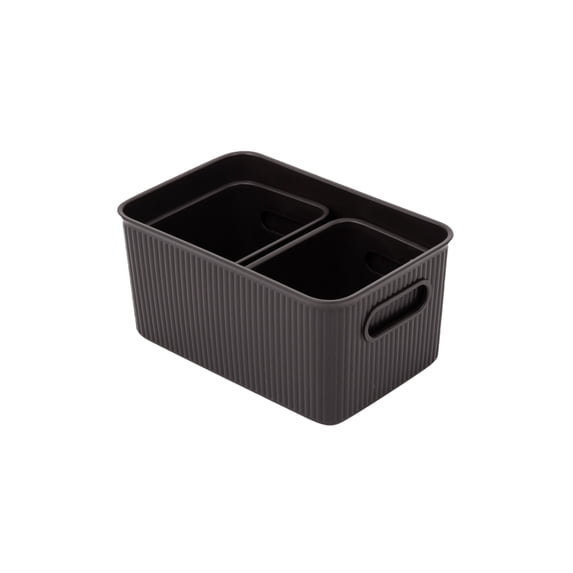 Decorative Plastic Storage Bins Organizer Baskets, Brown (Set of 3) 1 Medium, 2 Small - Container Boxes for Organizing Closet Shelves Kitchen Pantry Shelf Bathroom Drawer - Ribbed Design