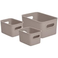 thumbnail image 1 of Decorative Plastic Storage Bins Organizer Baskets, Taupe (Set of 3) 1 Medium, 2 Small - Container Boxes for Organizing Closet Shelves Kitchen Pantry Shelf Bathroom Drawer - Ribbed Design, 1 of 6