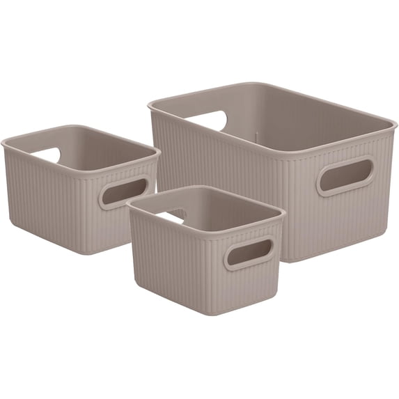 Decorative Plastic Storage Bins Organizer Baskets, Taupe (Set of 3) 1 Medium, 2 Small - Container Boxes for Organizing Closet Shelves Kitchen Pantry Shelf Bathroom Drawer - Ribbed Design