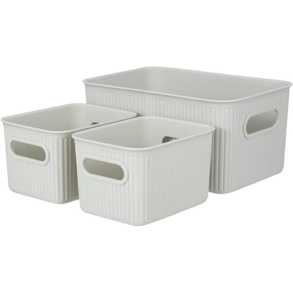 Decorative Plastic Storage Bins Organizer Baskets, White Smoke (Set of 3) 1 Medium, 2 Small - Container Boxes for Organizing Closet Shelves Kitchen Pantry Shelf Bathroom Drawer - Ribbed Design