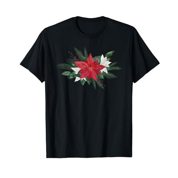 Decorative Poinsettia Traditional Red Christmas Flower Plant Black T-Shirt