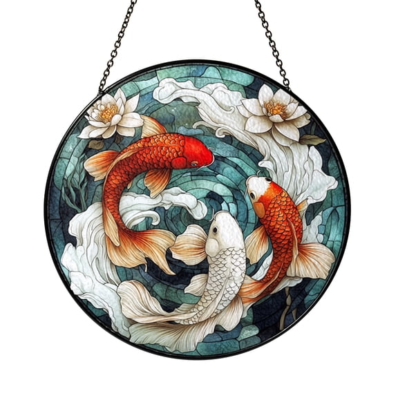 Decorative Pond Fish Stained Glass Window Hanging, Water Garden Art Panel Accent for Nature Interior