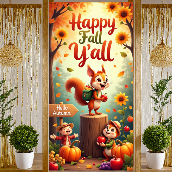 Decorative Poster Autumn Theme Happy Fall Y'all Animals Graphic Decorative Design for Seasonal Decoration Adult Event Party