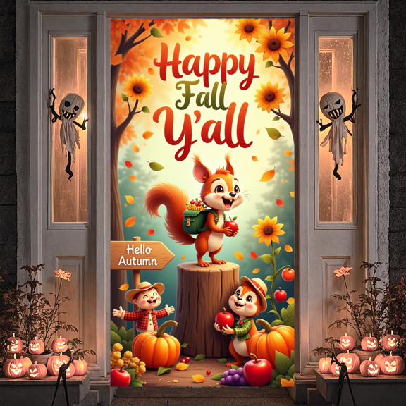 Decorative Poster Autumn Theme Happy Fall Y'all Animals Graphic Decorative Design for Seasonal Decoration Adult Event Party