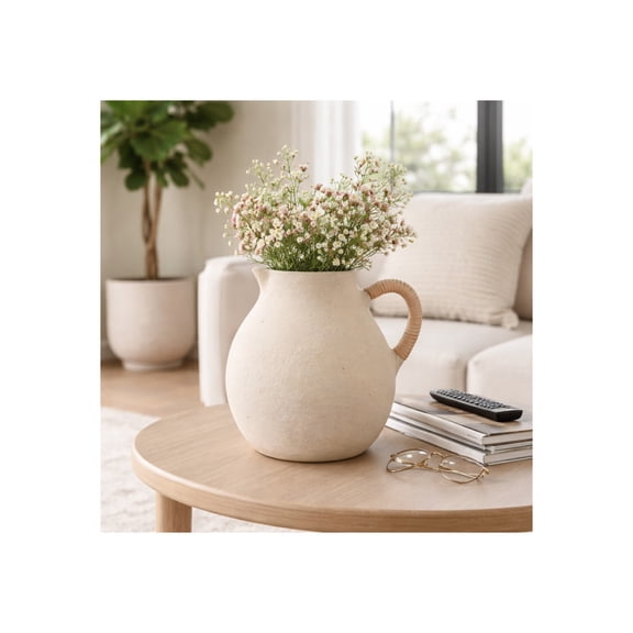 Decorative Pottery Jug Vase with Rattan Handle for Living Room Decor - Boho Casual Flower Vase for Bedroom, Office, or Home Display - Stylish House Decor for Entryway Table Accent - 12", Ivory
