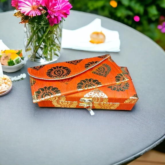 Decorative Printed Cash Box & Money Envelope, Shagun Box, Gift Box - Orange, Material - Wood