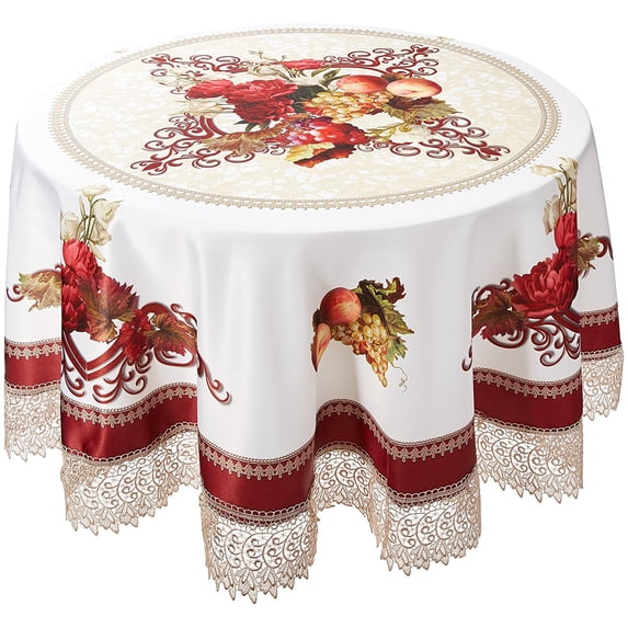 Decorative Printed Fruttela Tablecloth With Lace Trimming, Burgundy - 70" Round