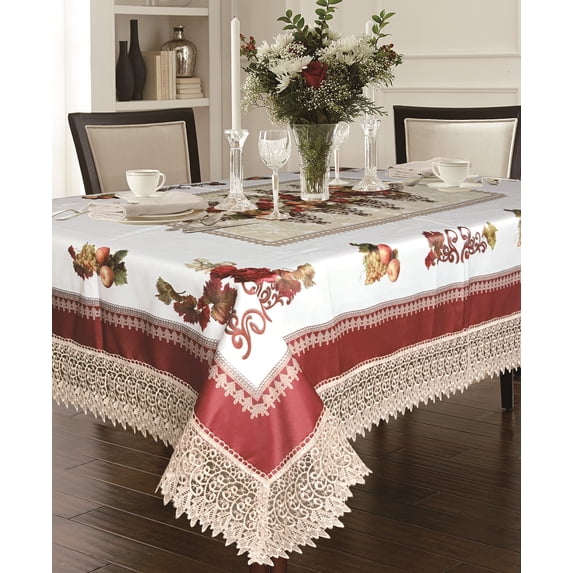 Decorative Printed Fruttela Tablecloth With Lace Trimming, Burgundy - 70" X 88"