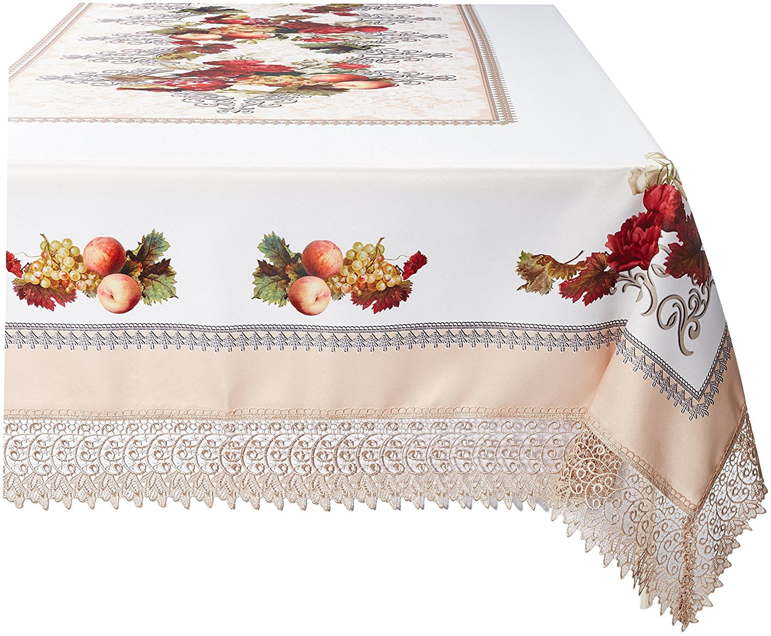 Ivory and Beige Fall Harvest Polyester Tablecloth with Lace Trim