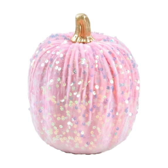 Decorative Pumpkin, Pink Velvet Iridescent Sequin 8X6 Inch Plush Pumpkin for Halloween Home Party Table Decor