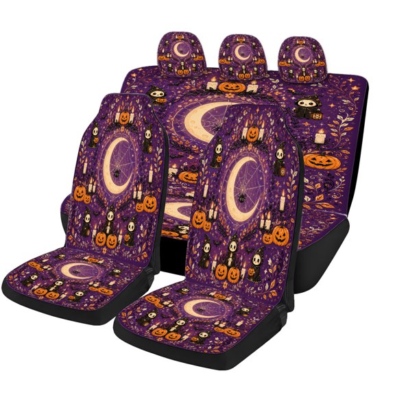 Decorative Purple Halloween Pumpkin Car Seat Covers Full Set, Universal Auto Seat Covers with Front Seat Covers, Rear Bench Cover and Headrest Covers for Cars SUVs Trucks Vans