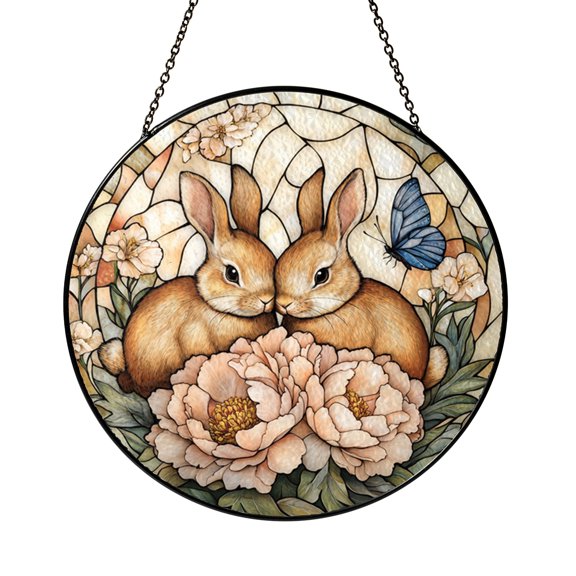 Decorative Rabbit Pair Acrylic Suncatcher, Faux Stained Glass Spring Window Hanging Art