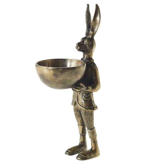 Decorative Rabbit Sculpture with Bowl, Eric and Eloise Collection 14-Inch Cast Aluminum Figurine in Antique Gold