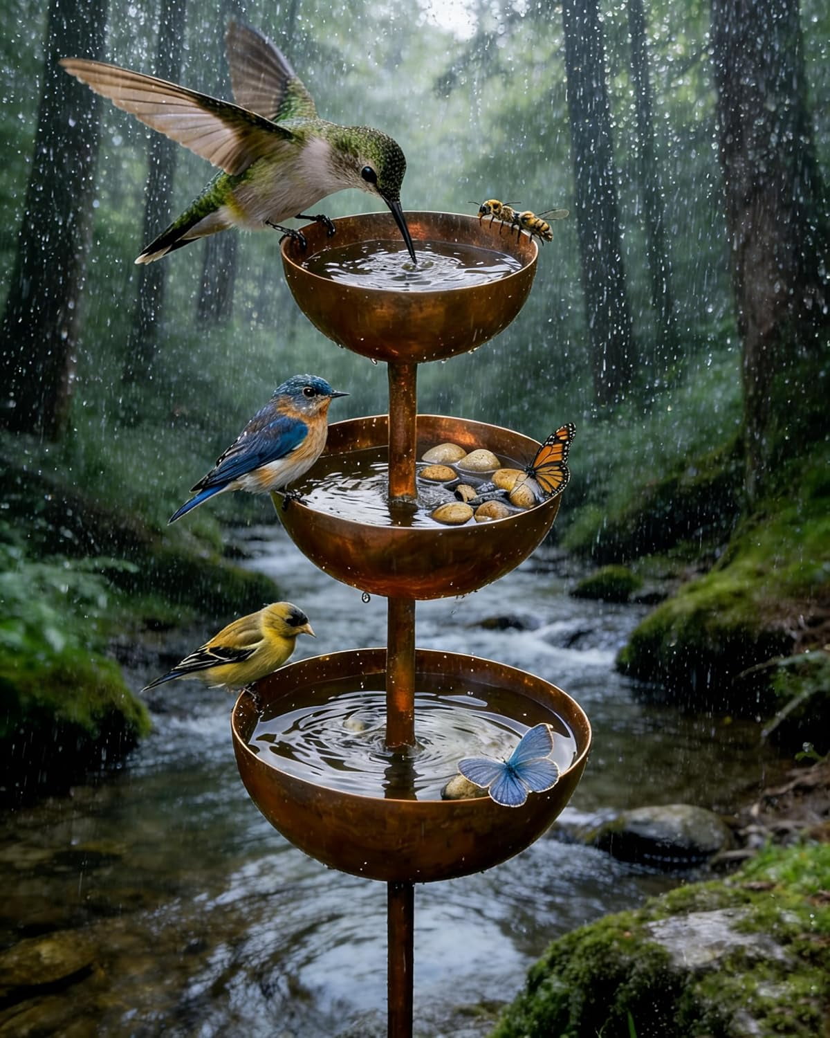 Decorative Rain Catcher Garden Stake, 3-Tiered Metal Water Bowls Bird Bath and Butterfly Feeder for Outdoor Yard Art Landscape Decoration (1 Piece, Rust)