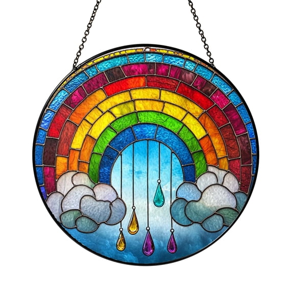 Decorative Rainbow Cloud Stained Glass Suncatcher Window Hanging, Colorful Sky Window Ornament with Rainbow Design for Home Window Decor