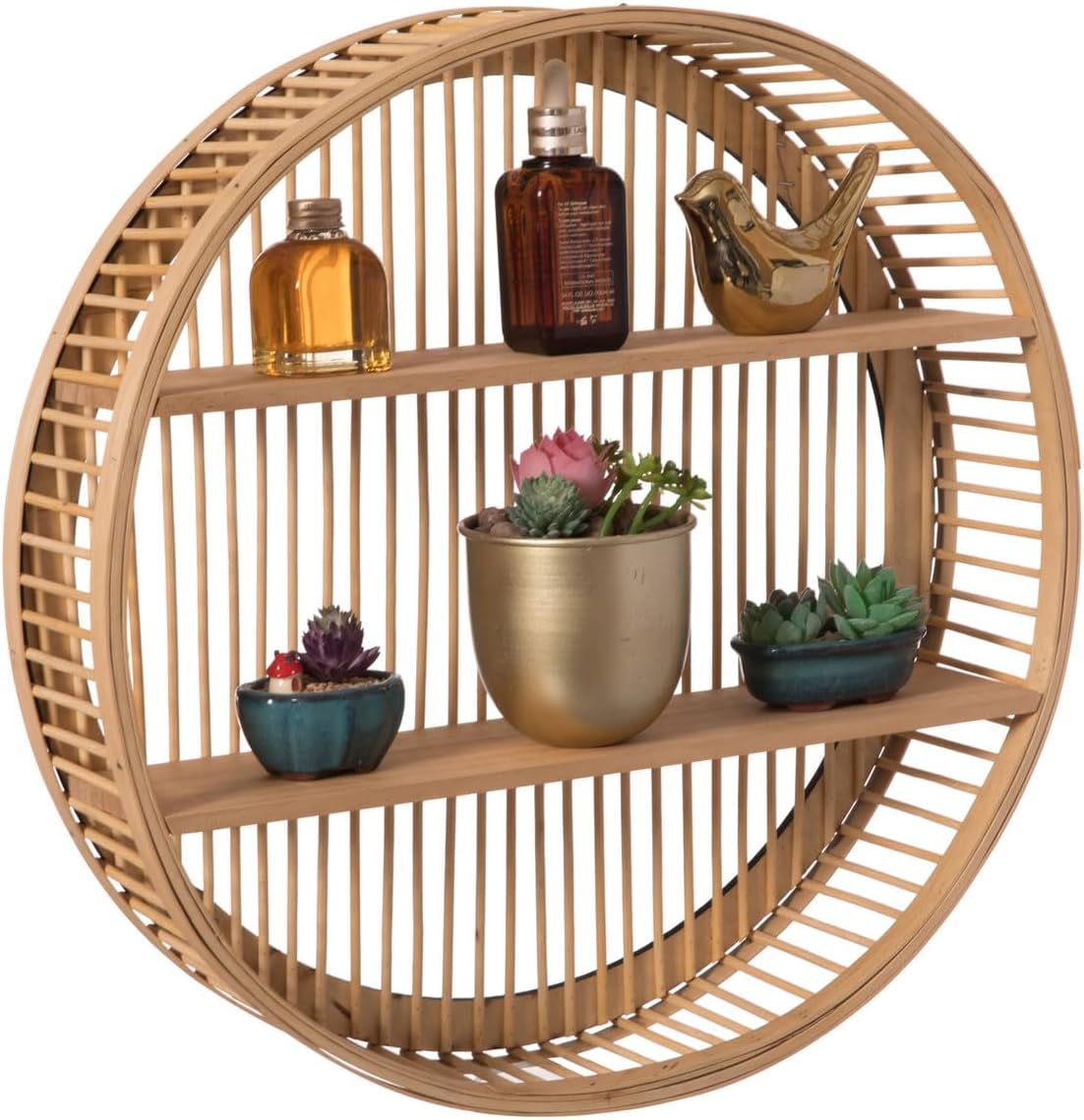 Round Rattan Wall Shelf with Two Shelves for Living Room