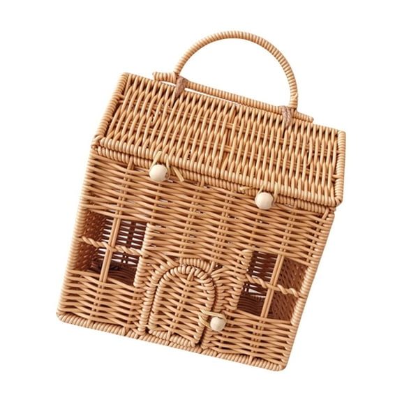 Decorative Rattan Suitcase Box Plastic Handwoven Wicker House Shaped Basket with Handle Festival Gift Wrapping Bag