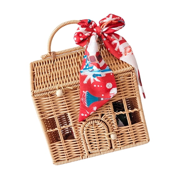 Decorative Rattan Suitcase Box Plastic Handwoven Wicker House Shaped Basket with Handle Festival Gift Wrapping Bag