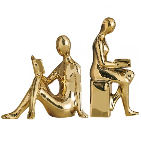 Decorative Reading Figure Bookends Set of 2, Gold Ceramic Book Ends for Home, Office & Shelves, Creative Shelf Decorations, Perfect Gift for Book Lovers