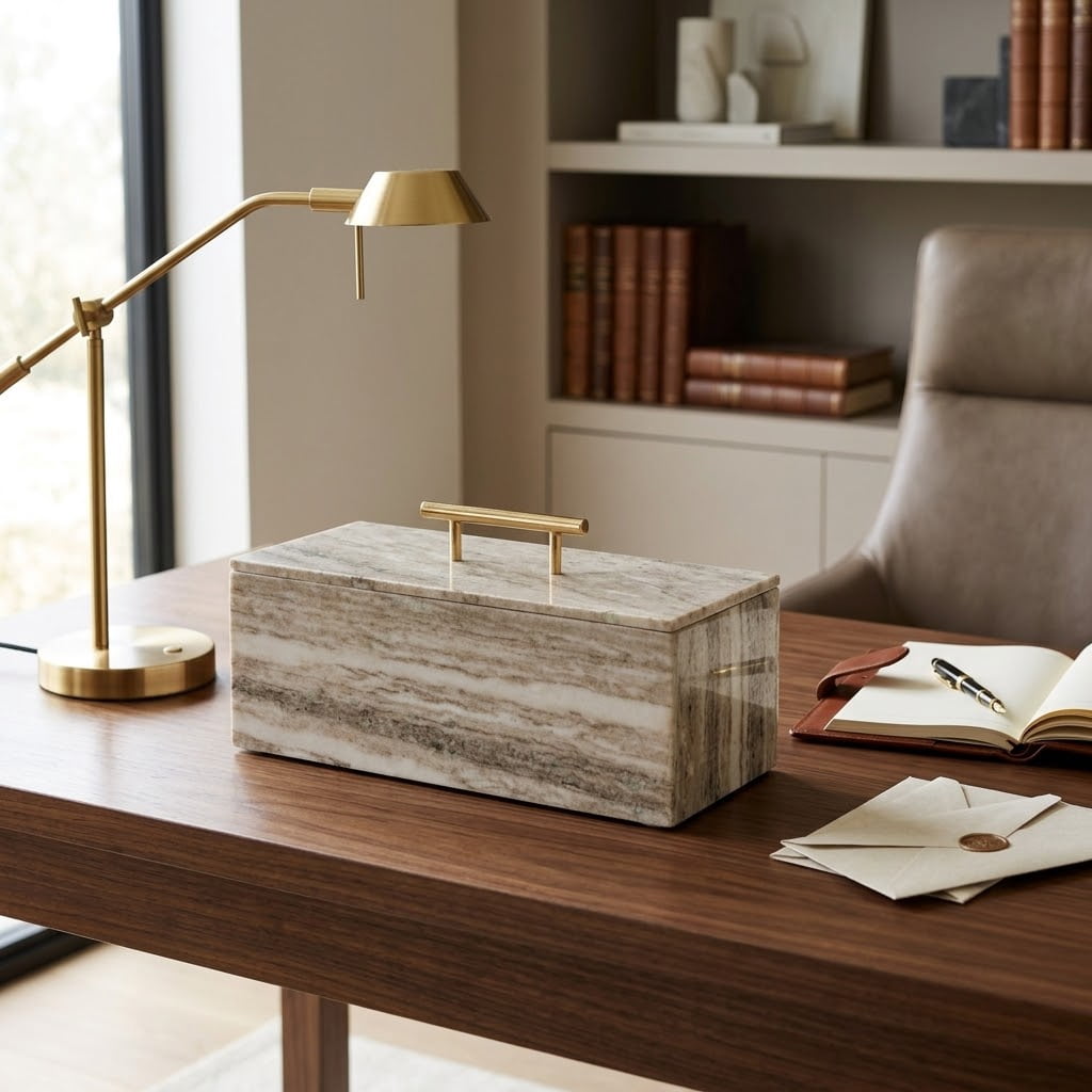 Decorative Marble Rectangular Box with Handle for Home Decor - Modern Organizer for Jewelry and Keepsake Storage - Decor Box for Bedroom, Living Room, and Shelf Accent - 8", Ivory & Gray