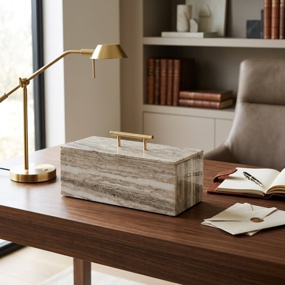 Decorative Marble Rectangular Box with Handle for Home Decor - Modern Organizer for Jewelry and Keepsake Storage - Decor Box for Bedroom, Living Room, and Shelf Accent - 8", Ivory & Gray