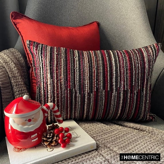 Decorative Red 12"x14" (30x35 cm) Lumbar Pillow Cover, Silk Beaded Oblong Pillow, Striped Pattern Modern Style - Scarlet Splendor