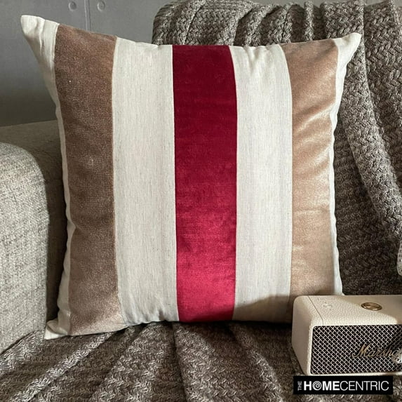 Decorative Red 18"x18" (45x45 cm) Throw Pillows, Velvet & Linen Patchwork Throw Pillows For Couch, Striped Pattern Modern Style - Velvet Band Red