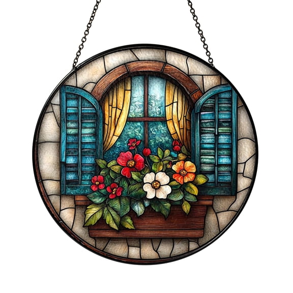 Decorative Red Geranium Flower Stained Glass Style Suncatcher Window Hanging, Botanical Glass Panel Art Window Ornament Home Decor
