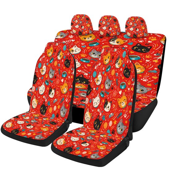 Decorative Red Lucky Cat Pattern Car Seat Covers Full Set, Universal Auto Seat Covers with Front Seat Covers, Rear Bench Cover and Headrest Covers for Cars SUVs Trucks Vans