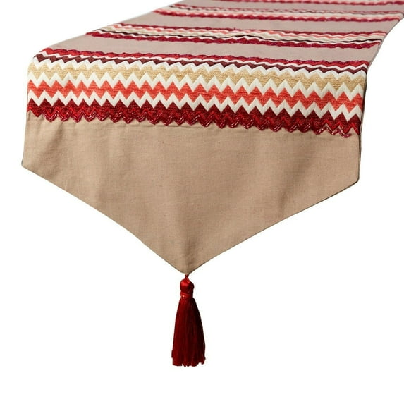 Decorative Red Table Runner 4 - 6 Seater Table Runner (14 x 64 inch), Tassels, Beaded & Applique Table Runner, Linen fabric Table Linen, Chevron Pattern Modern Style - Chevron Bar