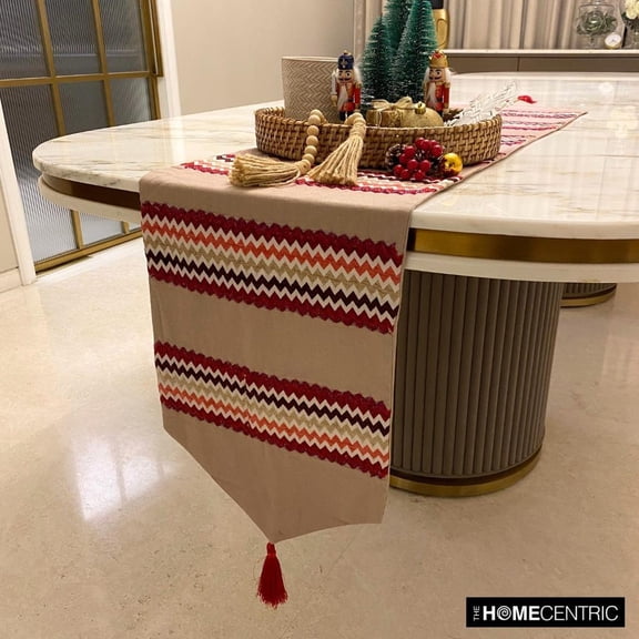 Decorative Red Table Runner 6 Seater Table Runner (14 x 72 inch), Tassels, Beaded & Applique Table Runner, Linen fabric Table Linen, Chevron Pattern Modern Style - Chevron Bar