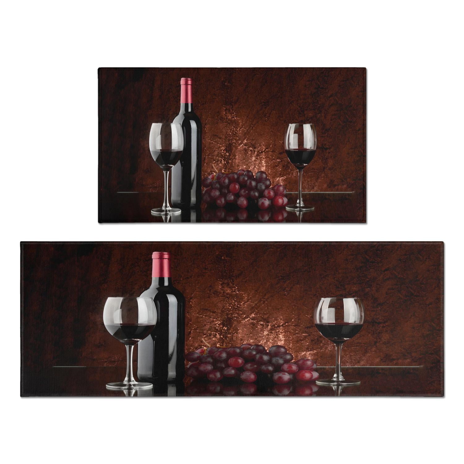 Decorative Red Wine Kitchen Rugs, Set of 2, NonSkid, EasytoWash, Grapes & Wine Glass Design