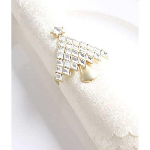 Decorative Reindeer Snowflake Christmas Tree Holiday Rhinestone Metal Napkin Rings - Set of 4 (Gold Christmas Tree+Star)