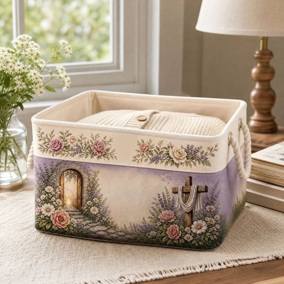 Decorative Religious Print Fabric Storage Basket With Rope Handles Rectangular Organizer for Home