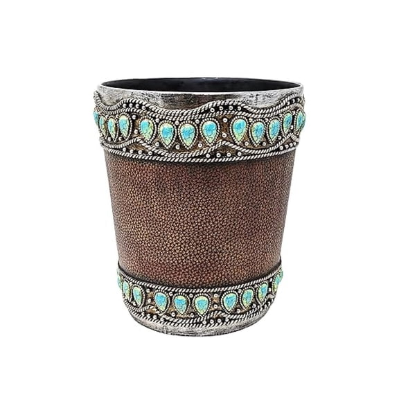 Decorative Resin Faux Leather Small Wastebasket with Turquoise Gem - Southwestern Rustic Trash Bin for Bathroom, Bedroom, and Kitchen - Small Decorative Wastebasket for Home or Office Dcor