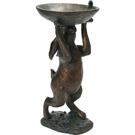Decorative Resin Rabbit Bird Bath, Green Patina Finish
