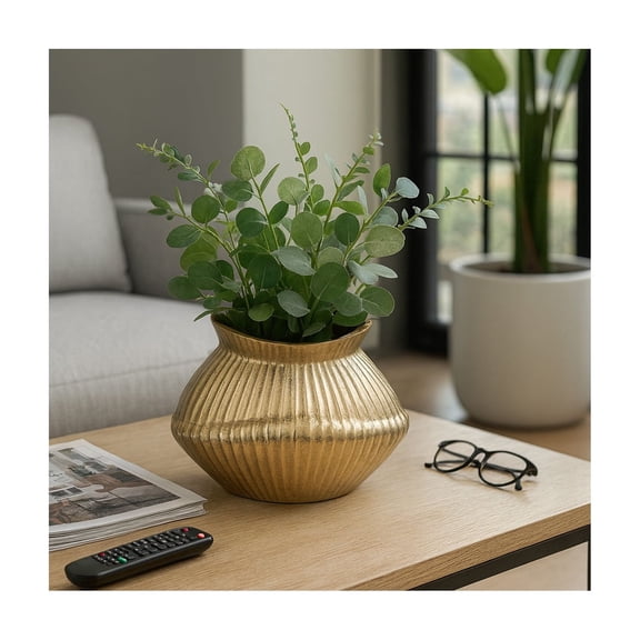 Decorative Ribbed Texture Metal Vase for Living Room Decor - Sculptural Flower Vase for Bedroom, Office, and Home Decor Display - Modern House Accent for Entray Table - 9", Gold & Metallic