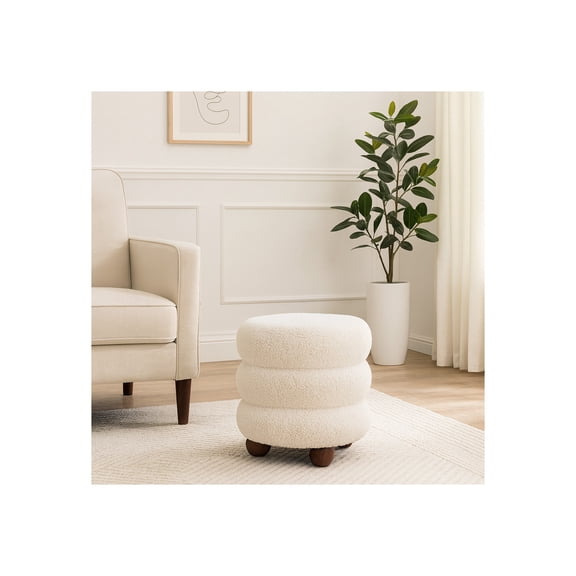 Decorative Ribbed Textured Ottoman with Ball Feet - Modern Home Decor Accent Vanity Chair, Bedroom, and Living Room Furniture - Stylish Compact Ottoman Stool for Extra Room Seating - 18", Ivory
