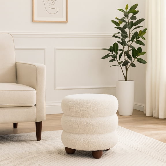 Sagebrook Home Ribbed Ottoman Footstool for Home Decor - Ottoman Stool with Ball Feet for Office, Bedroom, and Living Room Decor - 18", White