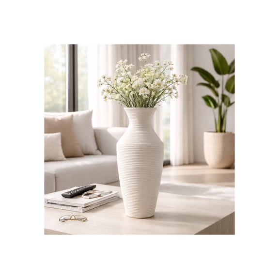 Decorative Ribbed Vase for Living Room Decor - Stylish Textured Flower Vase for Home, Bedroom, and Office Space - Modern House Accent for Entryway and Console Table Decor - 28", Ivory