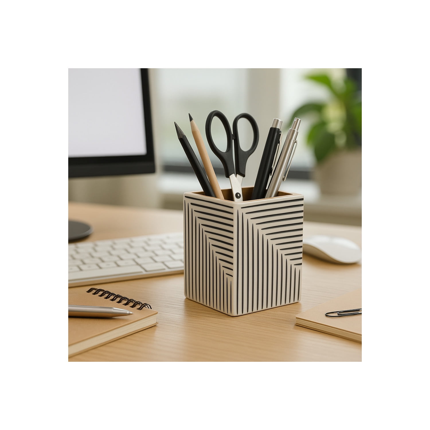 Decorative Ridged Lines Desk Organizer for Home Decor - Perfect Desktop Organizer for Workspace and Office Desk Decor - Versatile Office Accessory for Storage, Bedroom, or Kitchen - 4", Black & White