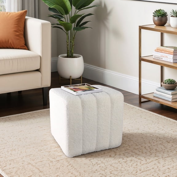 Decorative Ridged Square Ottoman for Home Decor - Stylish Ottoman Perfect for Vanity Chair, Bedroom Stool, and Office Decor - Upholstered Foot Rest Ottoman for Living Room Furniture - 16", White